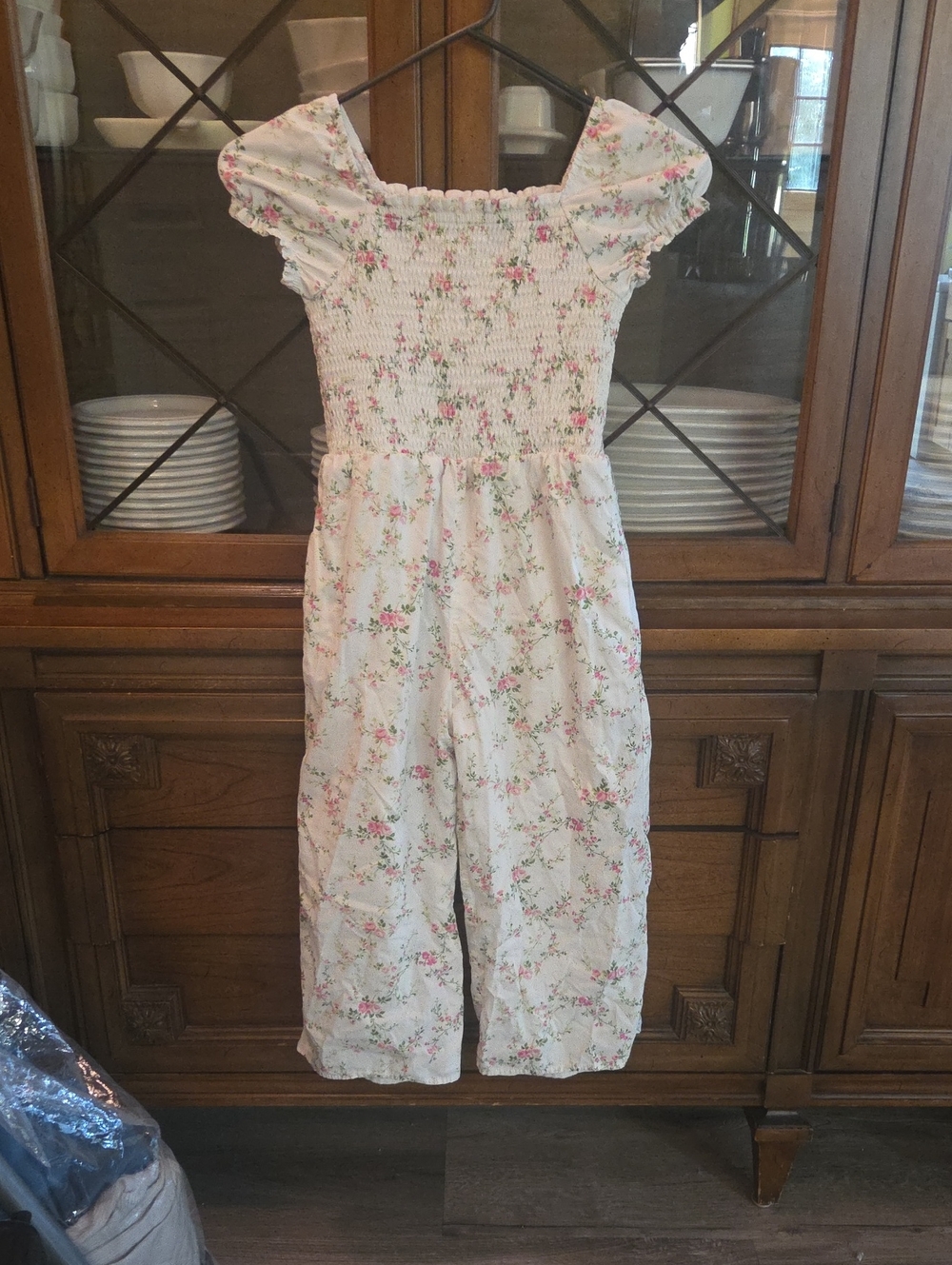 Gymboree White Smocked Floral Top with Pink & Green Print